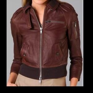 $1200 Bird by Juicy Couture Riley Leather Bomber Jacket Tobacco Brown small